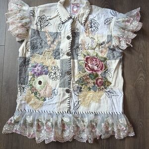 Embroidered Floral Patchwork Blouse - Cream Pink